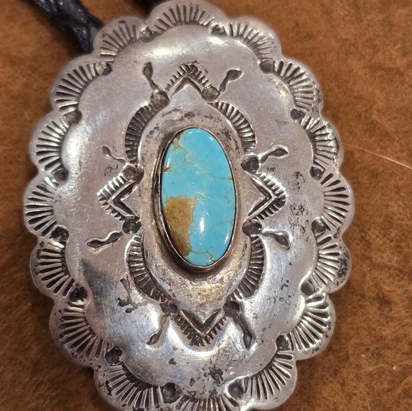 Navajo Sterling Silver Handmade Turquoise Concho Style Bolo Tie "RTL" - Picture 6 of 16